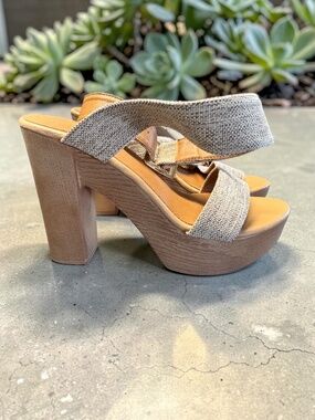 New platform sandals size 39 with ankle strap in a jute material non leather